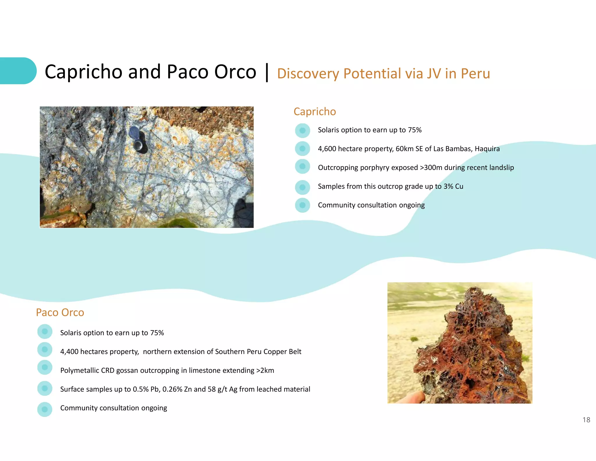 18
Solaris option to earn up to 75%
4,600 hectare property, 60km SE of Las Bambas, Haquira
Outcropping porphyry exposed >300m during recent landslip
Samples from this outcrop grade up to 3% Cu
Community consultation ongoing
Capricho and Paco Orco | Discovery Potential via JV in Peru
Capricho
Solaris option to earn up to 75%
4,400 hectares property, northern extension of Southern Peru Copper Belt
Polymetallic CRD gossan outcropping in limestone extending >2km
Surface samples up to 0.5% Pb, 0.26% Zn and 58 g/t Ag from leached material
Community consultation ongoing
Paco Orco
 