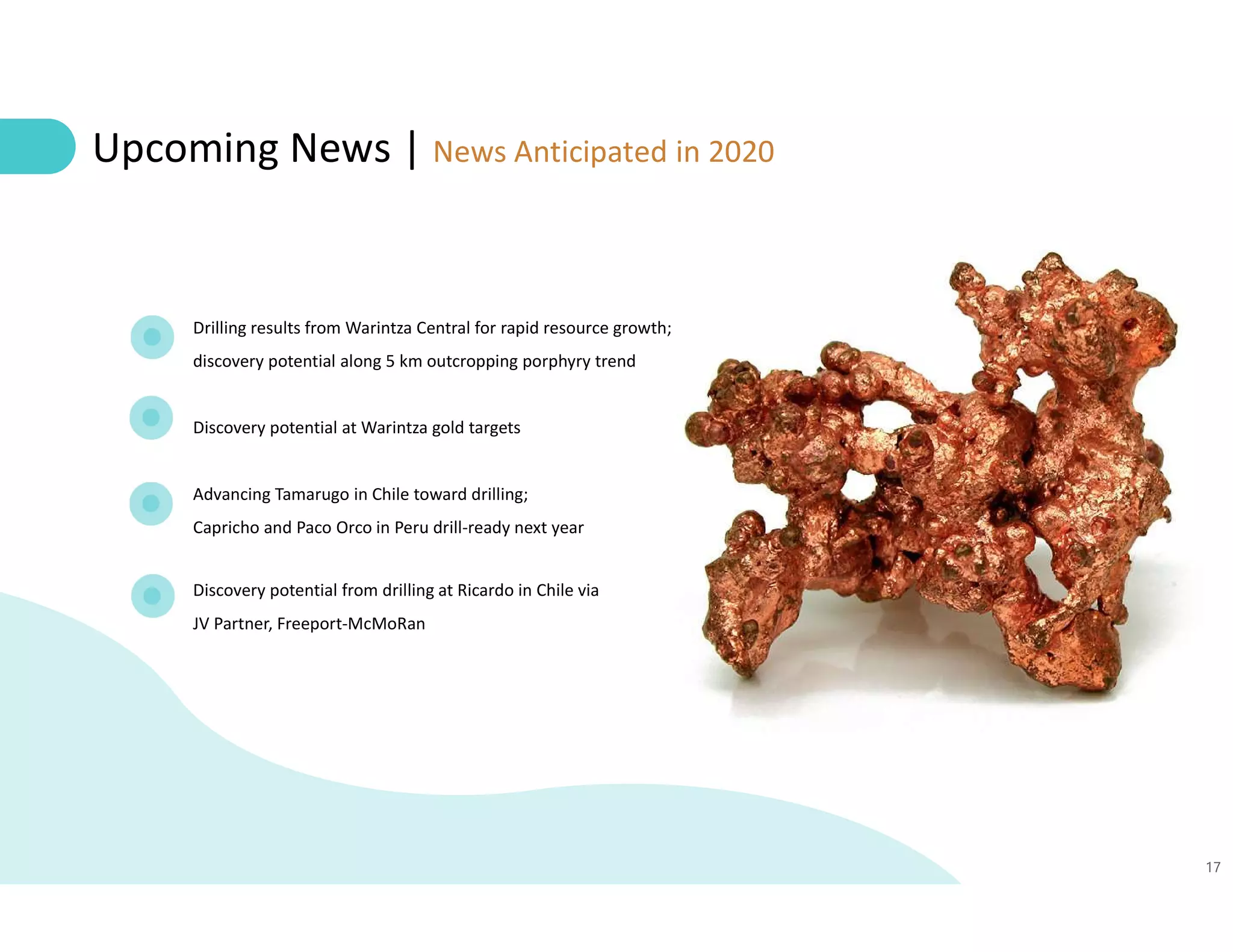 17
Upcoming News | News Anticipated in 2020
Drilling results from Warintza Central for rapid resource growth;
discovery potential along 5 km outcropping porphyry trend
Discovery potential at Warintza gold targets
Advancing Tamarugo in Chile toward drilling;
Capricho and Paco Orco in Peru drill-ready next year
Discovery potential from drilling at Ricardo in Chile via
JV Partner, Freeport-McMoRan
 