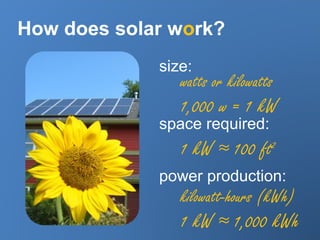How does solar work?
size:
space required:
power production:
watts or kilowatts
1,000 w = 1 kW
1 kW ≈ 100 ft2
kilowatt-hours (kWh)
1 kW ≈ 1,000 kWh
 
