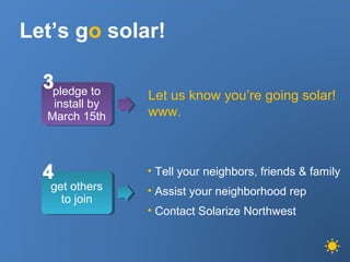 Let’s go solar!
pledge to
install by
March 15th
Let us know you’re going solar!
www.
get others
to join
• Tell your neighbors, friends & family
• Assist your neighborhood rep
• Contact Solarize Northwest
 