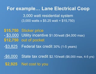 For example… Lane Electrical Coop
            3,000 watt residential system
           (3,000 watts x $5.25 watt = $15,750)


$15,750 Sticker price
-  $3,000 Utility incentive $1.00/watt ($4,000 max)
$12,750 out of pocket
- $3,825 Federal tax credit 30% (1-5 years)

-$6,000 State tax credit $2.10/watt ($6,000 max, 4-5 yrs)
$2,925     Net cost to you
 
