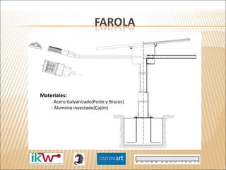 Materiales:  -  Acero Galvanizado(Poste y Brazos) - Aluminio inyectado(Cajón) 