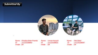 •
Name : Khadiza Akter Prianka Name : Imran Hossain Name : Md.Ekbal
ID : 21225109043 ID : 21225109031 ID : 21225109047
Intake : 04 Intake : 04 Intake : 04
Submitted By
 