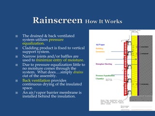  The drained & back ventilated
system utilizes pressure
equalization.
 Cladding product is fixed to vertical
support system.
 Narrow joints and/or baffles are
used to minimize entry of moisture.
 Due to pressure equalization little to
no moisture comes through the
system. What does….simply drains
out of the assembly.
 Back ventilation provides
continuous drying of the insulated
space.
 An air/vapor barrier membrane is
installed behind the insulation.
Air/Vapor
BarrierBuilding
Insulation
Densglass Sheeting
Pressure Equalization
Chamber
 