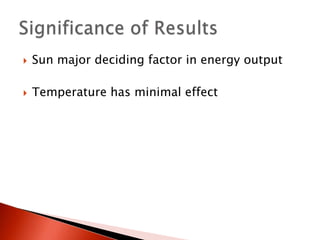 Sun major deciding factor in energy outputTemperature has minimal effectSignificance of Results