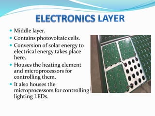  Middle layer.
 Contains photovoltaic cells.
 Conversion of solar energy to
electrical energy takes place
here.
 Houses the heating element
and microprocessors for
controlling them.
 It also houses the
microprocessors for controlling
lighting LEDs.
 