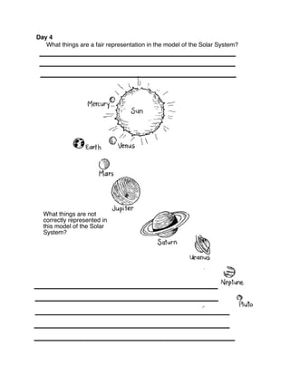 Day 4
   What things are a fair representation in the model of the Solar System?




  What things are not
  correctly represented in
  this model of the Solar
  System?
 