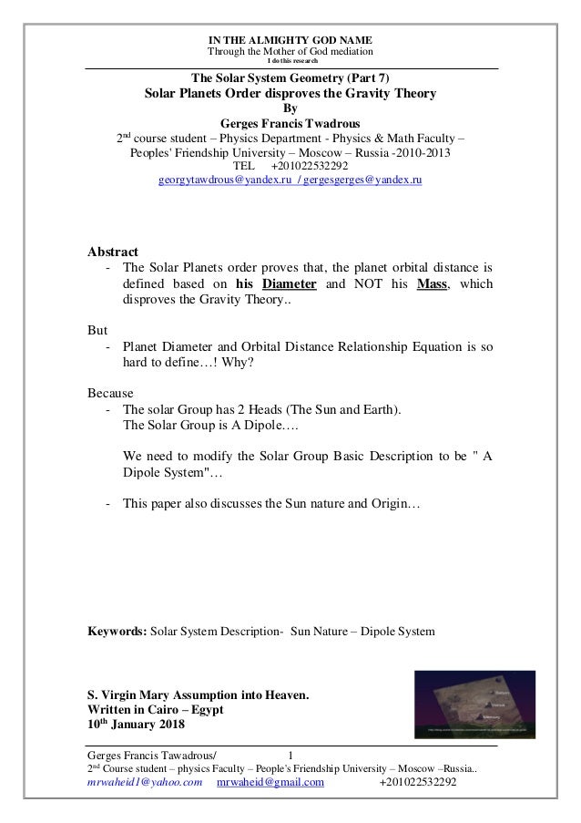 Solar Planets Order Disproves The Gravity Theory
