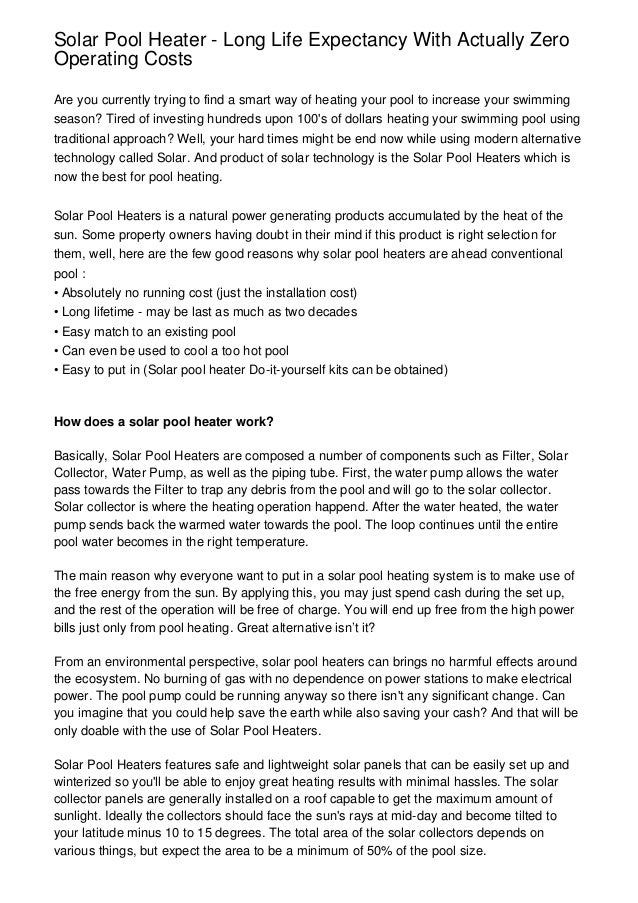 Solar Pool Heater Long Life Expectancy With Actually Zero Operating Costs