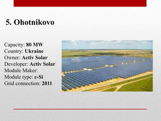 5. Ohotnikovo
Capacity: 80 MW
Country: Ukraine
Owner: Activ Solar
Developer: Activ Solar
Module Maker:
Module type: c-Si
Grid connection: 2011
 