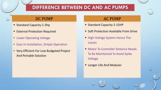 DIFFERENCE BETWEEN DC AND AC PUMPS
DC PUMP AC PUMP
 Standard Capacity 1-3hp
 External Protection Required
• Lower Operating Voltage
• Ease In Installation, Simple Operation
• Very Efficient For Low Budgeted Project
And Portable Solution
 Standard Capacity 2-15HP
 Soft Protection Available From Drive
 High Voltage System Hence The
Losses
 Motor To Controller Distance Needs
To Be Maintained To Avoid Spike
Voltage
 Longer Life And Modular
 