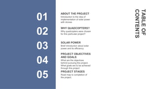 TABLE
OF
CONTENTS
Brief introduction about solar
power and its efficiency
SOLAR POWER
03
ABOUT THE PROJECT
Introduction to the idea of
implementation of solar power
with drones
01
WHY QUADCOPTERS?
Why quadcopters were chosen
for this particular project?
02
PROJECT OBJECTIVES
AND GOALS
What are the objectives
behind pursuing this project.
What goals are to be achieved
through this project
04
PROJECT STAGES
Road map to completion of
the project.
05
 