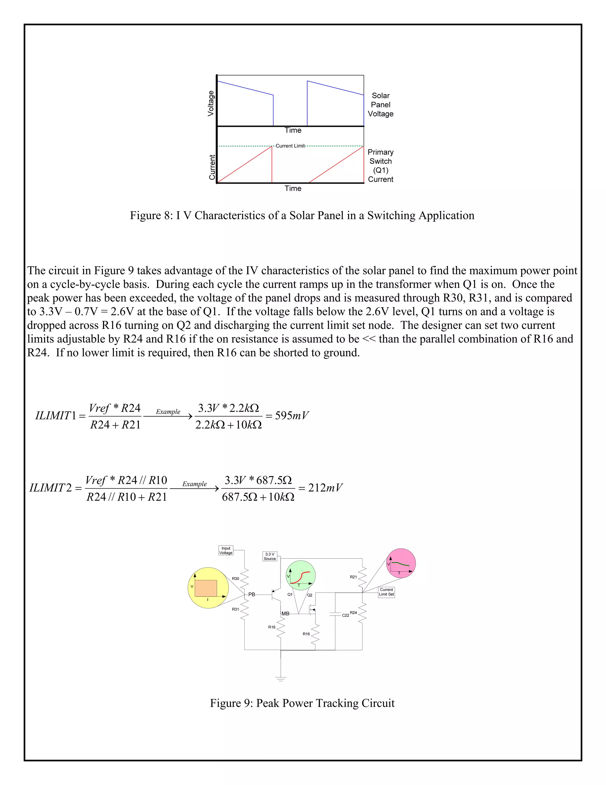 Figure 8: I V Characteristics of a Solar Panel in a Switching Application
The circuit in Figure 9 takes advantage of the IV characteristics of the solar panel to find the maximum power point
on a cycle-by-cycle basis. During each cycle the current ramps up in the transformer when Q1 is on. Once the
peak power has been exceeded, the voltage of the panel drops and is measured through R30, R31, and is compared
to 3.3V – 0.7V = 2.6V at the base of Q1. If the voltage falls below the 2.6V level, Q1 turns on and a voltage is
dropped across R16 turning on Q2 and discharging the current limit set node. The designer can set two current
limits adjustable by R24 and R16 if the on resistance is assumed to be << than the parallel combination of R16 and
R24. If no lower limit is required, then R16 can be shorted to ground.
mV
kk
kV
RR
RVref
ILIMIT Example
595
102.2
2.2*3.3
2124
24*
1 =
Ω+Ω
Ω
⎯⎯⎯ →⎯
+
=
mV
k
V
RRR
RRVref
ILIMIT Example
212
105.687
5.687*3.3
2110//24
10//24*
2 =
Ω+Ω
Ω
⎯⎯⎯ →⎯
+
=
Figure 9: Peak Power Tracking Circuit
 