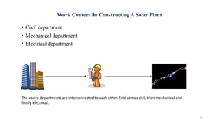 Work Content In Constructing A Solar Plant
• Civil department
• Mechanical department
• Electrical department
12
The above departments are interconnected to each other. First comes civil, then mechanical and
finally electrical.
 