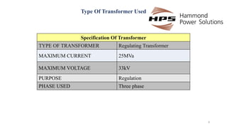 Type Of Transformer Used
8
Specification Of Transformer
TYPE OF TRANSFORMER Regulating Transformer
MAXIMUM CURRENT 25MVa
MAXIMUM VOLTAGE 33kV
PURPOSE Regulation
PHASE USED Three phase
 