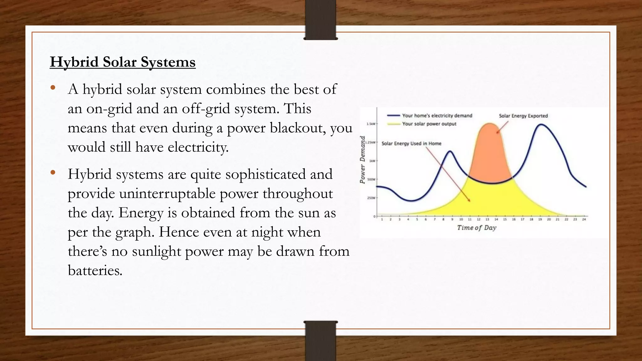 Hybrid Solar Systems
• A hybrid solar system combines the best of
an on-grid and an off-grid system. This
means that even during a power blackout, you
would still have electricity.
• Hybrid systems are quite sophisticated and
provide uninterruptable power throughout
the day. Energy is obtained from the sun as
per the graph. Hence even at night when
there’s no sunlight power may be drawn from
batteries.
 