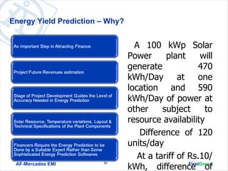 Energy Yield Prediction – Why?


                                 A 100 kWp Solar
                                 Power     plant       will
                                 generate              470
                                 kWh/Day       at      one
                                 location and 590
                                 kWh/Day of power at
                                 other    subject        to
                                 resource availability
                                  Difference of 120
                                 units/day
                                  At a tariff of Rs.10/
 AF-Mercados EMI
                                 kWh, difference of
                                                  FirstGreen
                        30
 