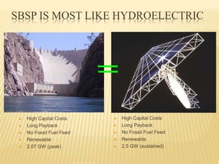 SBSP IS MOST LIKE HYDROELECTRIC
 High Capital Costs
 Long Payback
 No Fossil Fuel Feed
 Renewable
 2.07 GW (peak)
 High Capital Costs
 Long Payback
 No Fossil Fuel Feed
 Renewable
 2.5 GW (sustained)
 