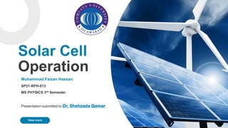 Solar Cell
Operation
Muhammad Faizan Hassan
SP21-RPH-013
MS PHYSICS 3rd Semester
Presentation submitted to Dr. Shehzada Qamar
View more
 