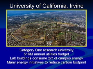 University of California, Irvine Category One research university $16M annual utilities budget Lab buildings consume 2/3 of campus energy Many energy initiatives to reduce carbon footprint 