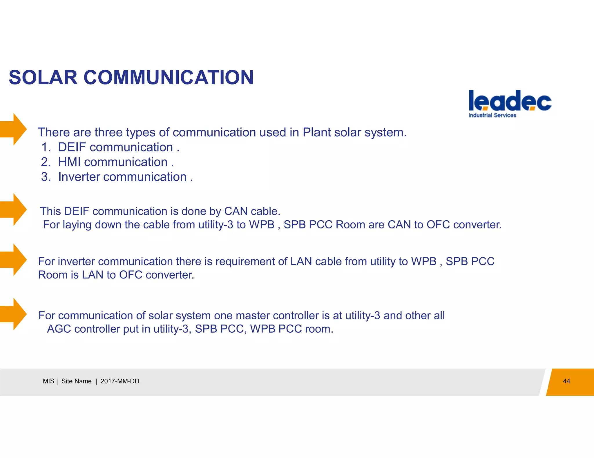 SOLAR COMMUNICATION
44MIS | Site Name | 2017-MM-DD
There are three types of communication used in Plant solar system.
1. DEIF communication .
2. HMI communication .
3. Inverter communication .
For communication of solar system one master controller is at utility-3 and other all
AGC controller put in utility-3, SPB PCC, WPB PCC room.
This DEIF communication is done by CAN cable.
For laying down the cable from utility-3 to WPB , SPB PCC Room are CAN to OFC converter.
For inverter communication there is requirement of LAN cable from utility to WPB , SPB PCC
Room is LAN to OFC converter.
 