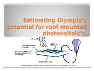 Estimating Olympia’s
potential for roof mounted
            photovoltaic's.




  http://science.nasa.gov/science-news/science-at-nasa/2002/solarcells/429,r:0,s:0
 