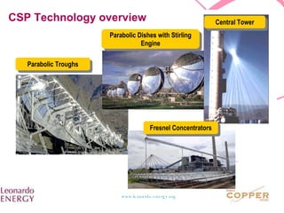 CSP Technology overview Parabolic Troughs Parabolic Dishes with Stirling Engine Central Tower Fresnel Concentrators 