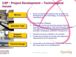 CSP : Project Development – Technological issues Mirrors Some companies developing solar projects are developing its own technology, or buying mirror manufacturers Absorber Tube Support Structure Thermal storage Manufacturers oligopoly Extremely critical and technical product (lasting vacuum, layers stability, high transmissivity of glass, high absorptivity and low emissivity of absorber, junctions metal/glass, dilatation management…) Several structures available in the market Continuous evolution to comply with alignment requirements at the lowest cost Liquid salts is the technology used for the moment, but many other are in development 