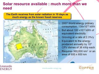 Solar resource available : much more than we need The Earth receives from solar radiation in 10 days as much energy as the known fossil reserves 