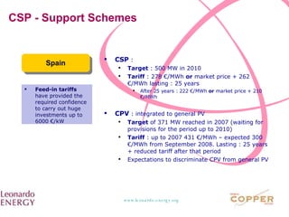 CSP - Support Schemes Spain CSP  :  Target  : 500 MW in 2010 Tariff  : 278 €/MWh  or  market price + 262 €/MWh lasting : 25 years  After 25 years : 222 €/MWh  or  market price + 210 €/MWh  CPV  : integrated to general PV Target  of 371 MW reached in 2007 (waiting for provisions for the period up to 2010) Tariff  : up to 2007 431 €/MWh – expected 300 €/MWh from September 2008. Lasting : 25 years + reduced tariff after that period Expectations to discriminate CPV from general PV Feed-in tariffs  have provided the required confidence to carry out huge investments up to 6000 €/kW 