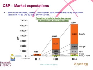 CSP – Market expectations Much more optimistic, ESTELA, the European Solar Thermal Electricity Association, sees room for 60 GW by 2030 only in Europe… 
