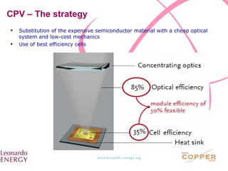 CPV – The strategy Substitution of the expensive semiconductor material with a cheap optical system and low-cost mechanics Use of best efficiency cells 