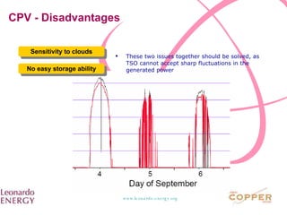CPV - Disadvantages Sensitivity to clouds No easy storage ability These two issues together should be solved, as TSO cannot accept sharp fluctuations in the generated power 