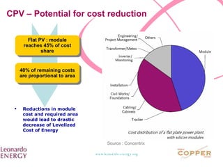 CPV – Potential for cost reduction Flat PV : module reaches 45% of cost share 40% of remaining costs are proportional to area Reductions in module cost and required area would lead to drastic decrease of Levelized Cost of Energy Source : Concentrix 