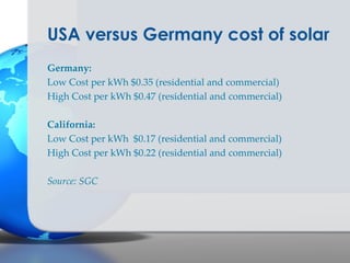 USA versus Germany cost of solar
Germany:
Low Cost per kWh $0.35 (residential and commercial)
High Cost per kWh $0.47 (residential and commercial)

California:
Low Cost per kWh $0.17 (residential and commercial)
High Cost per kWh $0.22 (residential and commercial)

Source: SGC
 