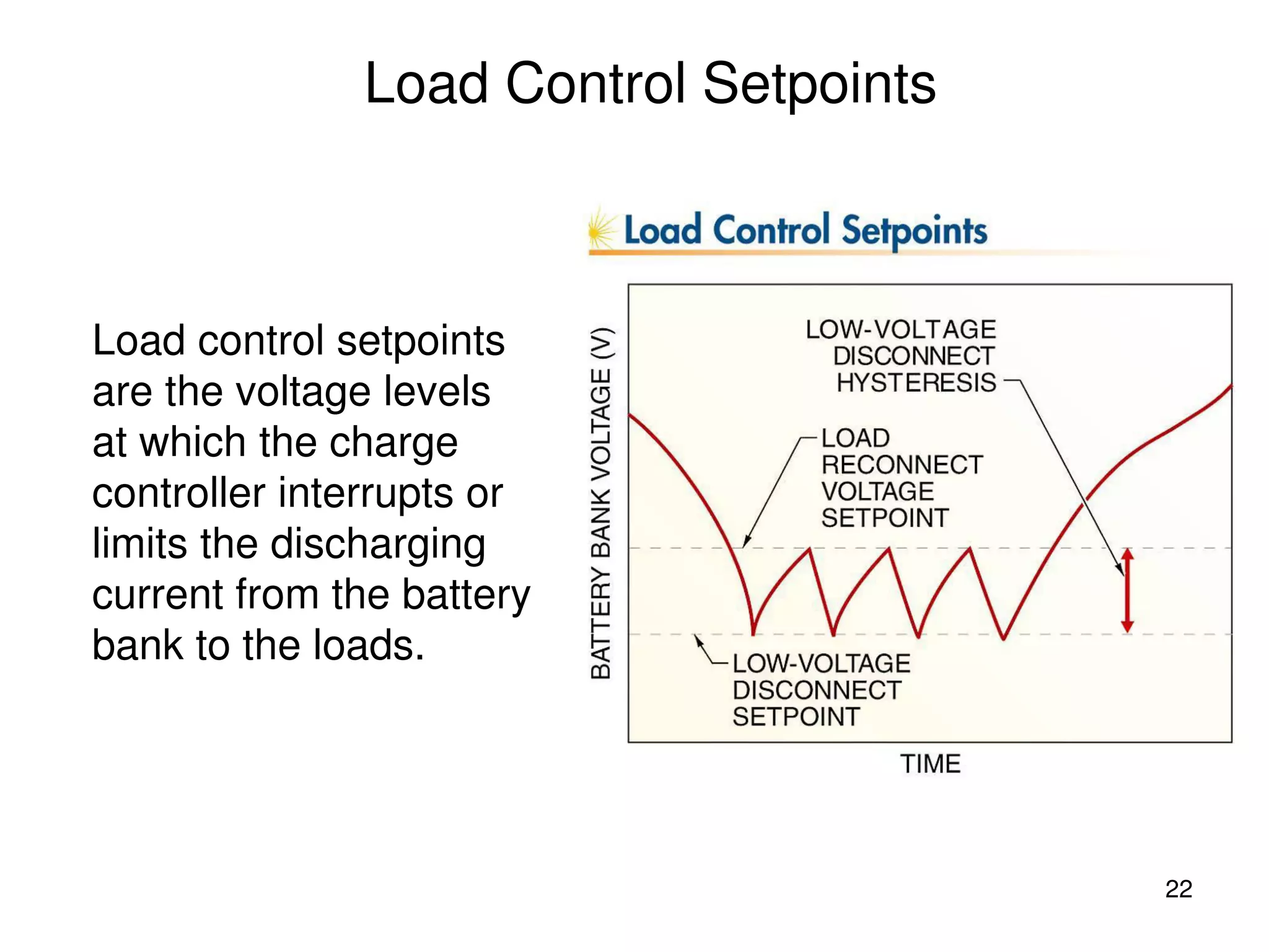 22
Load Control Setpoints
Load control setpoints
are the voltage levels
at which the charge
controller interrupts or
limits the discharging
current from the battery
bank to the loads.
 