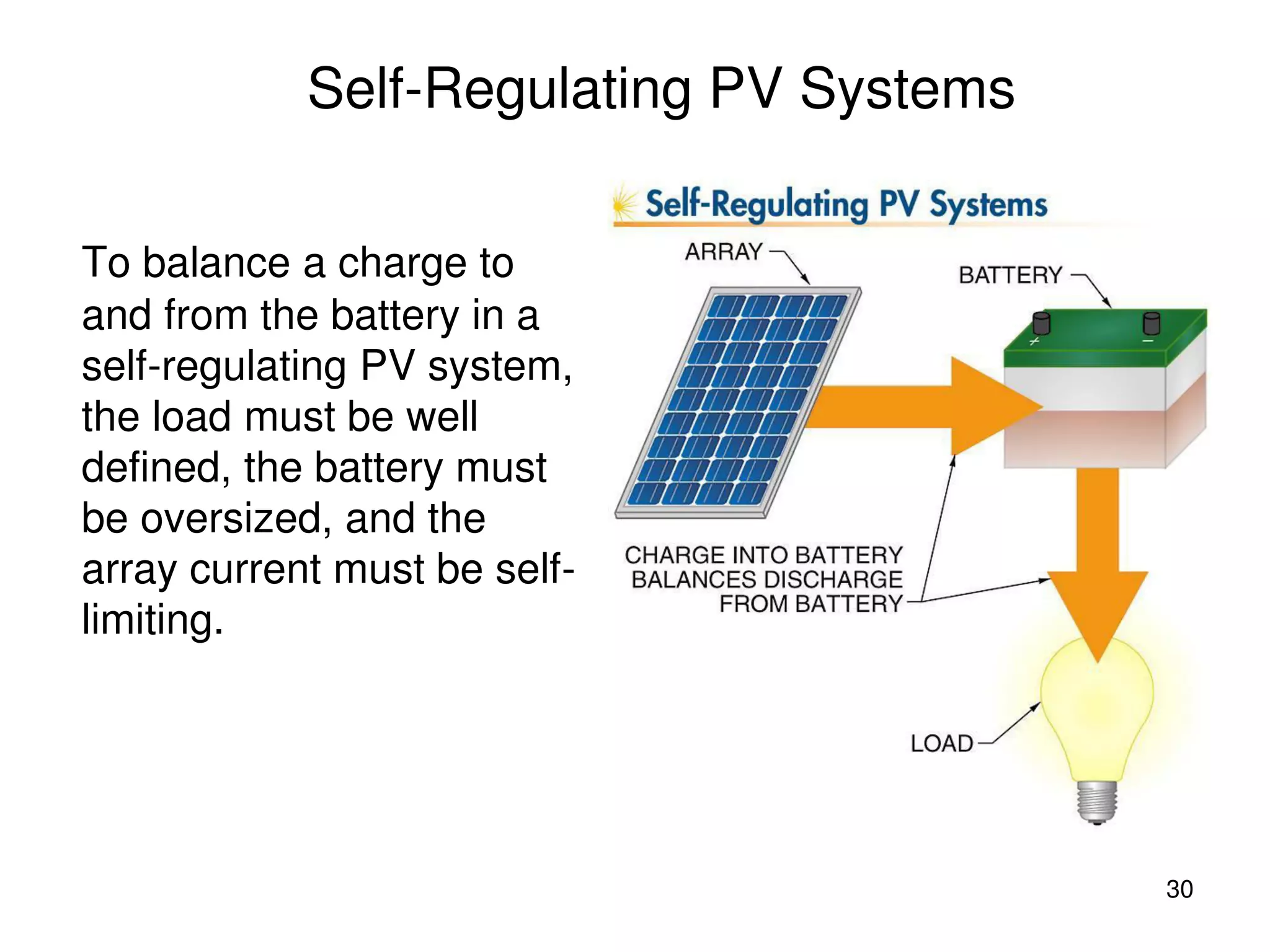 30
Self-Regulating PV Systems
To balance a charge to
and from the battery in a
self-regulating PV system,
the load must be well
defined, the battery must
be oversized, and the
array current must be self-
limiting.
 
