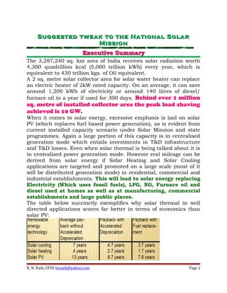 Suggested tweak to the National SolarSuggested tweak to the National Solar
MissionMission
Executive SummaryExecutive Summary
The 3,287,240 sq. km area of India receives solar radiation worth
4,300 quadrillion kcal (5,000 trillion kWh) every year, which is
equivalent to 430 trillion kgs. of Oil equivalent.
A 2 sq. metre solar collector area for solar water heater can replace
an electric heater of 2kW rated capacity. On an average, it can save
around 1,200 kWh of electricity or around 140 litres of diesel/
furnace oil in a year if used for 300 days. Behind ever 1 million
sq. metre of installed collector area the peak load shaving
achieved is 10 GW.
When it comes to solar energy, excessive emphasis is laid on solar
PV (which replaces fuel based power generation), as is evident from
current installed capacity scenario under Solar Mission and state
programmes. Again a large portion of this capacity is in centralised
generation mode which entails investments in T&D infrastructure
and T&D losses. Even when solar thermal is being talked about it is
in centralised power generation mode. However real mileage can be
derived from solar energy if Solar Heating and Solar Cooling
applications are targeted and promoted on a large scale (most of it
will be distributed generation mode) in residential, commercial and
industrial establishments. This will lead to solar energy replacing
Electricity (Which uses fossil fuels), LPG, NG, Furnace oil and
diesel used at homes as well as at manufacturing, commercial
establishments and large public places.
The table below succinctly exemplifies why solar thermal in well
directed applications scores far better in terms of economics than
solar PV:
K. N. Naik, CFSR knnaik@yahoo.com Page 1
 
