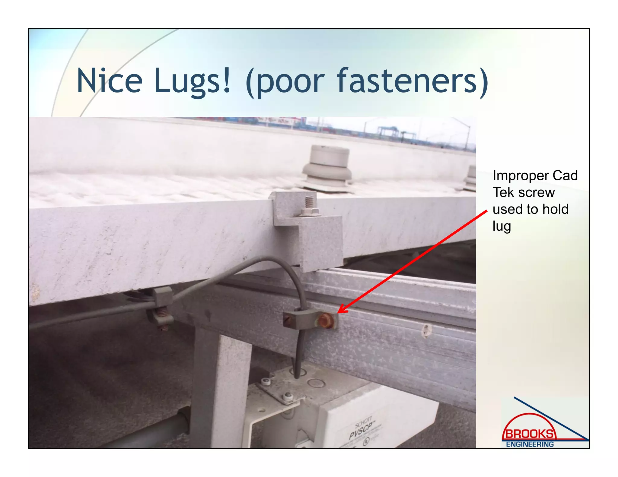 Nice Lugs! (poor fasteners)
Improper Cad
Tek screw
used to hold
lug
 