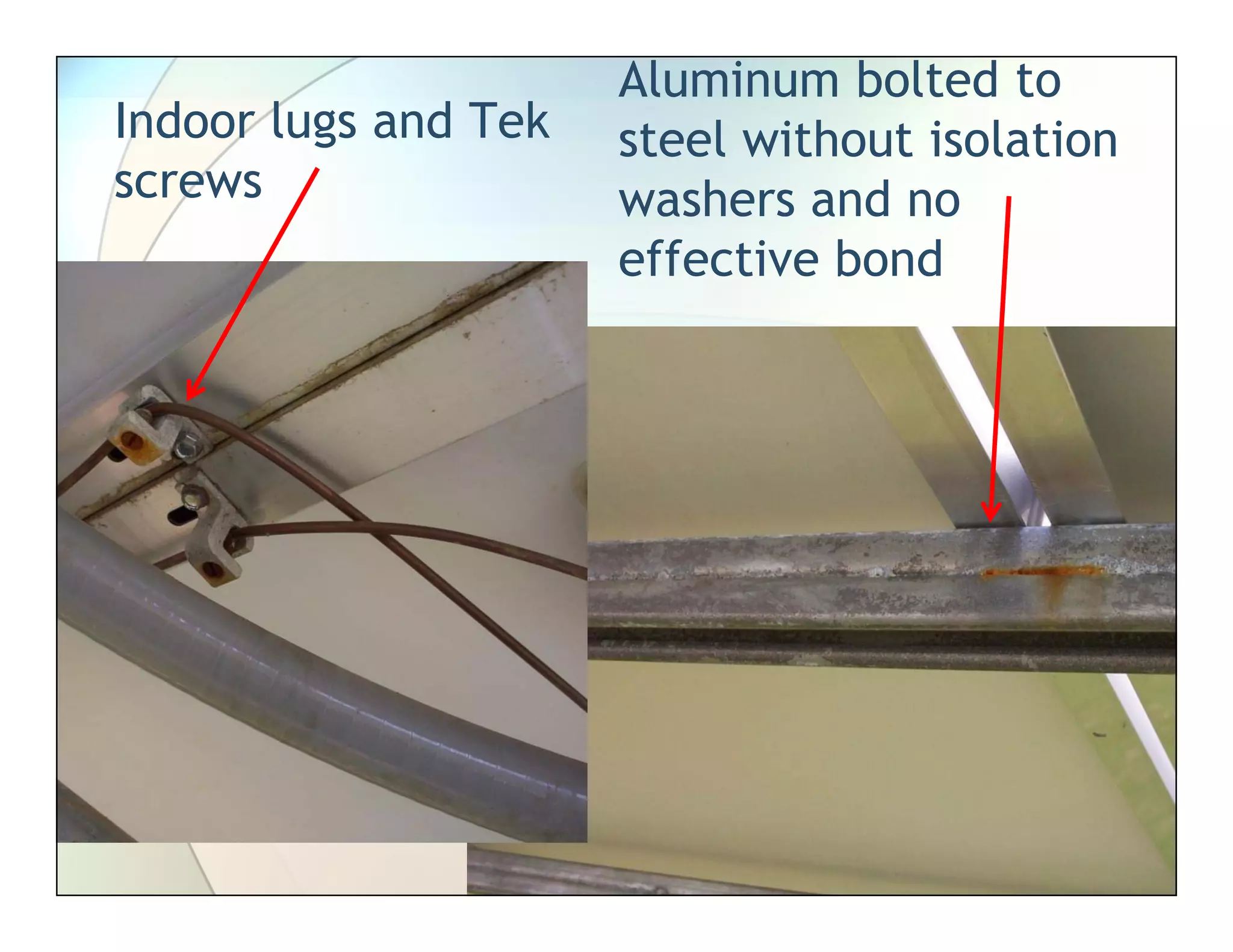 Indoor lugs and Tek
screws
Aluminum bolted to
steel without isolation
washers and no
effective bond
 