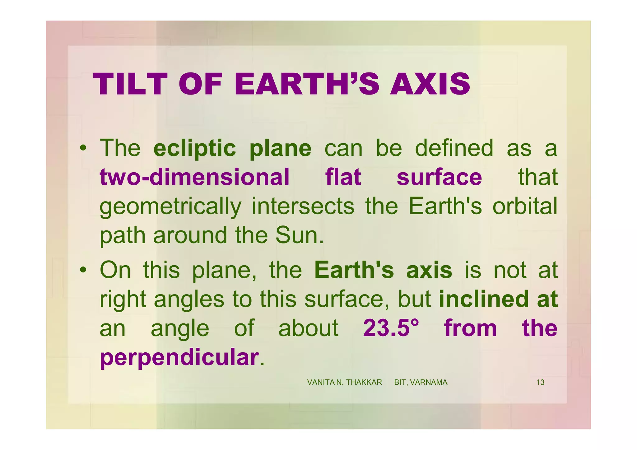 TILT OF EARTH’S AXIS
• The ecliptic plane can be defined as a
two-dimensional flat surface that
geometrically intersects the Earth's orbital
path around the Sun.
• On this plane, the Earth's axis is not at
right angles to this surface, but inclined at
an angle of about 23.5° from the
perpendicular.
13VANITA N. THAKKAR BIT, VARNAMA
 