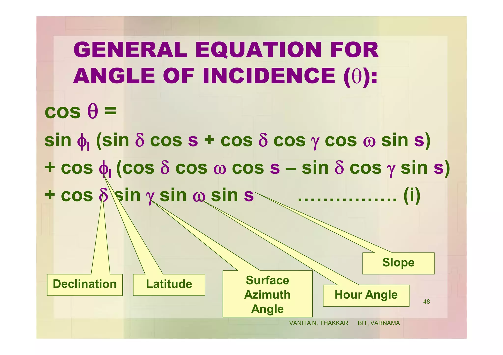 GENERAL EQUATION FOR
ANGLE OF INCIDENCE (q):
cos q =
sin fl (sin d cos s + cos d cos g cos w sin s)
+ cos fl (cos d cos w cos s – sin d cos g sin s)
+ cos d sin g sin w sin s ……………. (i)
LatitudeDeclination Surface
Azimuth
Angle
Hour Angle
Slope
48
VANITA N. THAKKAR BIT, VARNAMA
 