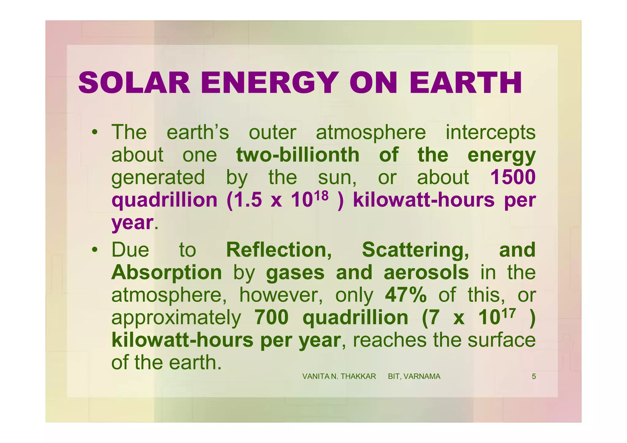 SOLAR ENERGY ON EARTH
• The earth’s outer atmosphere intercepts
about one two-billionth of the energy
generated by the sun, or about 1500
quadrillion (1.5 x 1018 ) kilowatt-hours per
year.
• Due to Reflection, Scattering, and
Absorption by gases and aerosols in the
atmosphere, however, only 47% of this, or
approximately 700 quadrillion (7 x 1017 )
kilowatt-hours per year, reaches the surface
of the earth. 5VANITA N. THAKKAR BIT, VARNAMA
 
