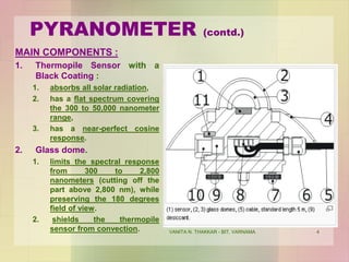 VANITA N. THAKKAR - BIT, VARNAMA 4
PYRANOMETER (contd.)
MAIN COMPONENTS :
1. Thermopile Sensor with a
Black Coating :
1. absorbs all solar radiation,
2. has a flat spectrum covering
the 300 to 50,000 nanometer
range,
3. has a near-perfect cosine
response.
2. Glass dome.
1. limits the spectral response
from 300 to 2,800
nanometers (cutting off the
part above 2,800 nm), while
preserving the 180 degrees
field of view.
2. shields the thermopile
sensor from convection.
 