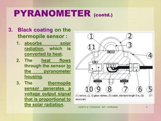 VANITA N. THAKKAR - BIT, VARNAMA 5
PYRANOMETER (contd.)
3. Black coating on the
thermopile sensor :
1. absorbs solar
radiation, which is
converted to heat.
2. The heat flows
through the sensor to
the pyranometer
housing.
3. The thermopile
sensor generates a
voltage output signal
that is proportional to
the solar radiation.
 