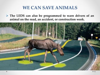 WE CAN SAVE ANIMALS
 The LEDS can also be programmed to warn drivers of an
animal on the road, an accident, or construction work.
10
 