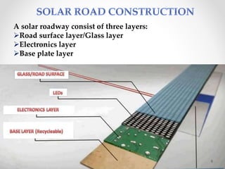 A solar roadway consist of three layers:
Road surface layer/Glass layer
Electronics layer
Base plate layer
6
 