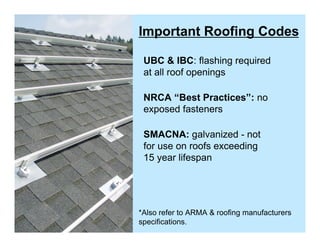 Important Roofing Codes

 UBC & IBC: flashing required
 at all roof openings

 NRCA “Best Practices”: no
 exposed fasteners

 SMACNA: galvanized - not
 for use on roofs exceeding
 15 year lifespan




*Also refer to ARMA & roofing manufacturers
specifications.
 
