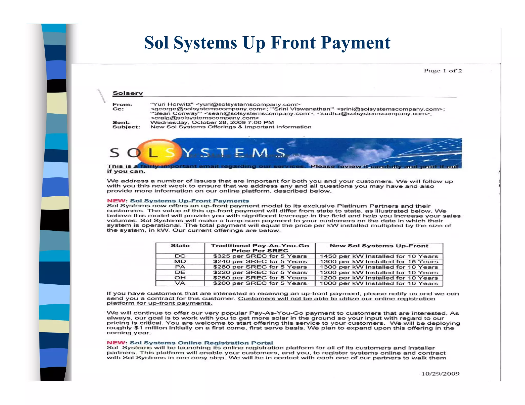 Sol Systems Up Front Payment
 
