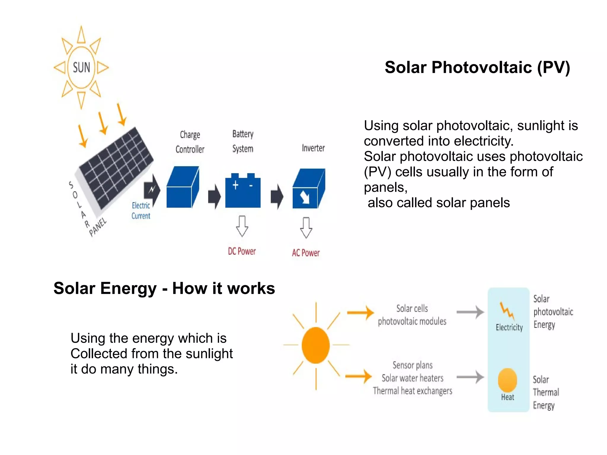 Solar Photovoltaic (PV)


                                Using solar photovoltaic, sunlight is
                                converted into electricity.
                                Solar photovoltaic uses photovoltaic
                                (PV) cells usually in the form of
                                panels,
                                 also called solar panels




Solar Energy - How it works

  Using the energy which is
  Collected from the sunlight
  it do many things.
 